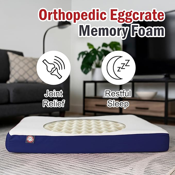 Majestic Pet 34x24x3 Inch Blue Orthopedic Memory Foam Rectangle Dog Bed – Medium Size Crate Dog Bed for Dogs with Joint Pain, Arthritis – Durable Pet Mattress with Egg Crate Foam, Washable Cover