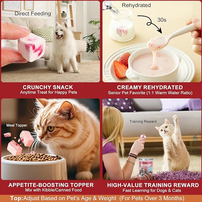 Freeze Dried Yogurt Dog Cats Treats Crunchy Snacks with Strawberry100g (3.52oz), High Protein Yogurts Snacks Pets Food for Cats Dogs Training (Strawberry Yogurt 3pcs)