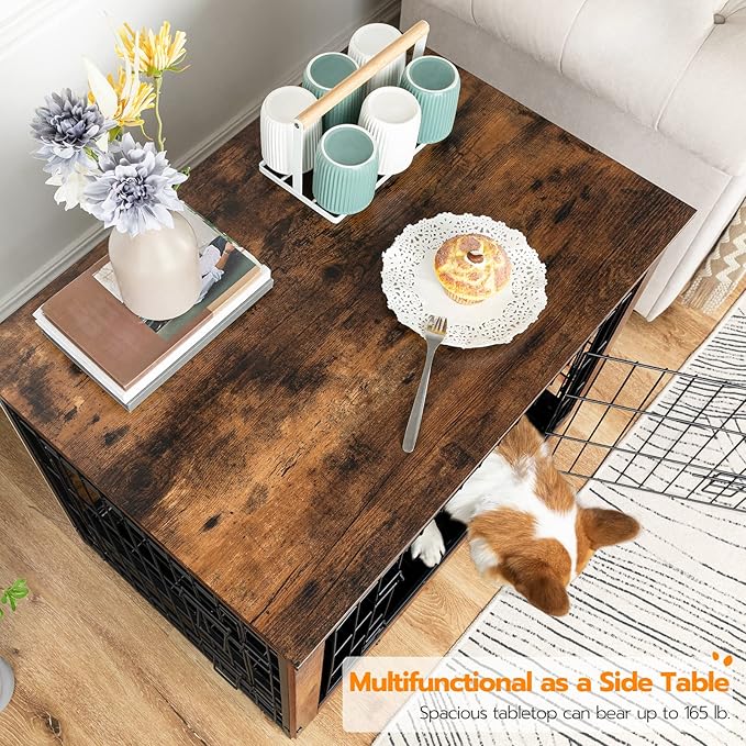 HOOBRO Dog Crate Furniture, 32.5" Medium Dog Kennel Indoor, Wooden Cage with Pull-Out Tray, Double Doors Pet House Side End Table for Medium/Small Dogs, Rustic Brown BF802GW03G1