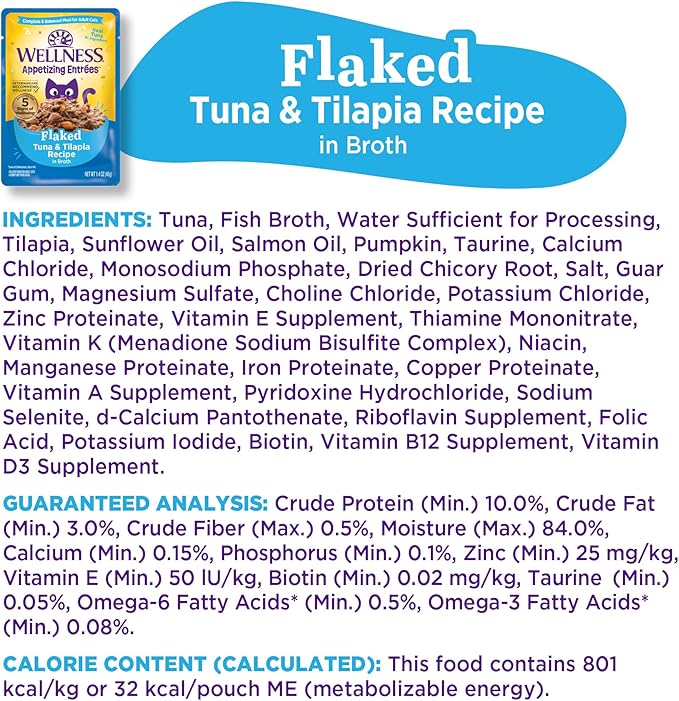 Wellness Appetizing Entrées Flaked Adult Wet Cat Food, Natural, Protein Rich, Grain Free, Tuna and Tilapia Recipe, 1.4 oz, Pack of 8 Pouches