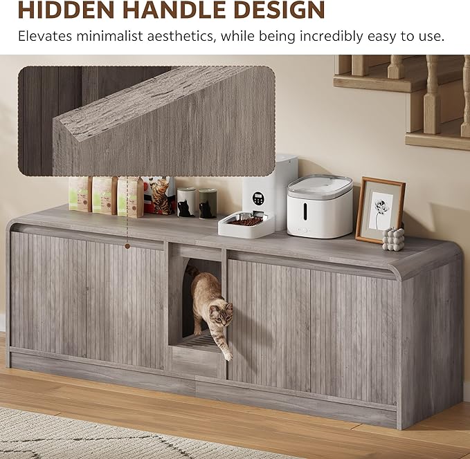 Cat Litter Box Enclosure with Litter Collector, 59'' Double Litter Box Enclosure for 2 Cats, Hidden Litter Box Furniture for Indoor Cats Large Adult, Cat House, Side Table, TV Stand, Grey