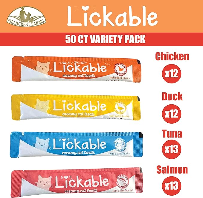 Fieldcrest Farms Lickable Cat Treats, 50 Count Variety Pack — Chicken, Tuna, Duck, Salmon — Thick & Protein-Rich Squeeze Tubes with Taurine, Grain Free, 6 Calories Per Tube