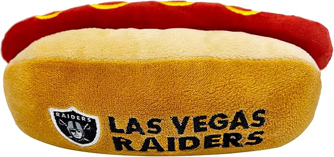 Pets First NFL LAS Vegas Raiders HOT Dog Plush Dog - Cutest HOT-Dog Snack Plush Toy for Dogs & Cats with Inner Squeaker & Beautiful Football Team Name/Logo,Team Color,8 x 5 x 3 Inches,OAK-3354
