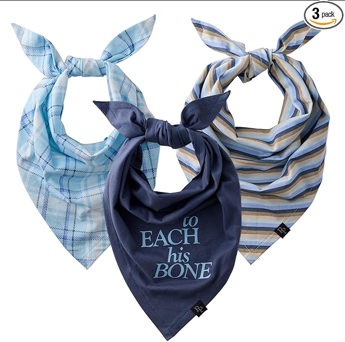 Pet Passion Bandit - THE PET Bandana 100% Organic Cotton Pet Bandanas Clothes for Small, Medium, Large Dogs, 3-Pack Blue Preppy Plaid, Medium/X-Large