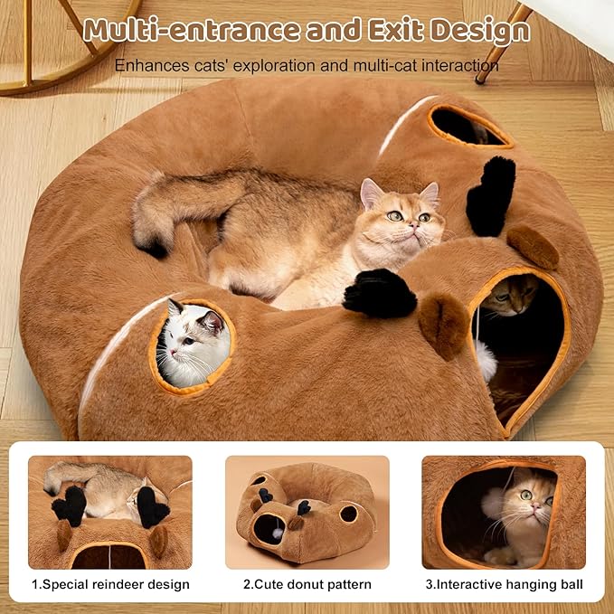 Cat Tunnel Bed with 20 Pcs Interactive Toys, 3-in-1 DIY Collapsible Plush Cat Tube with Washable Mat, Large Indoor Play Tunnel Cave for Kittens and Small Animals
