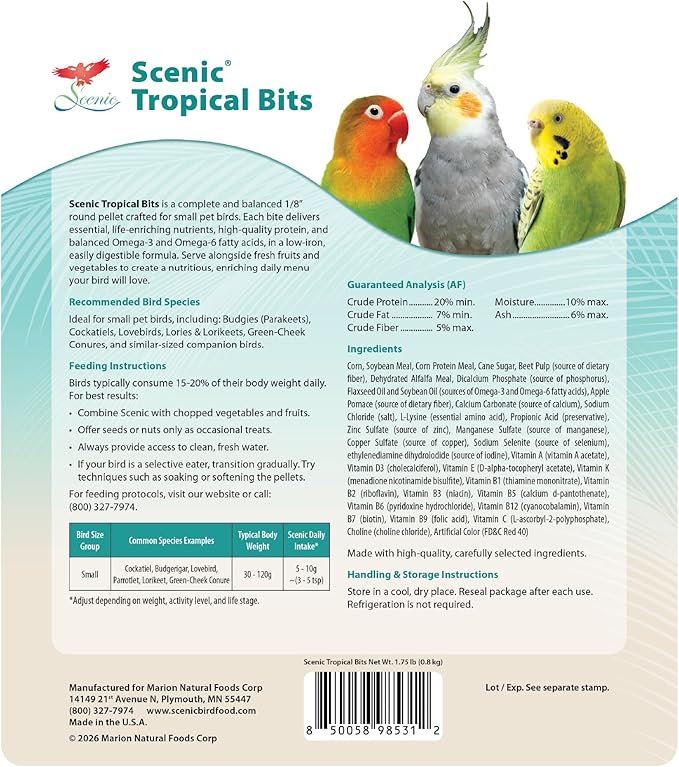 Scenic Tropical Bits Small Pet Bird Food - 3.5 lb (2 x 1.75 lb Bags) - 1/8" Bird Pellets - Complete Nutrition for Cockatiels, Budgies, Lovebirds, Conures & Lories