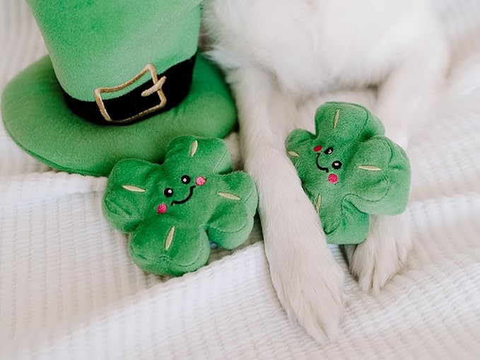 ZippyPaws Burrow Puzzle Plush Dog Toy, Interactive Squeaky Toy for Enrichment, Hide and Seek Game for Small to Medium Dogs, Leprechaun Hat