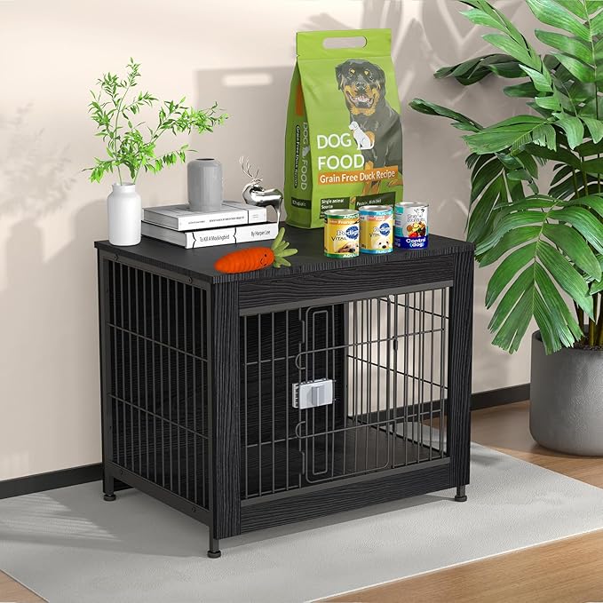 Escape Proof Decorative Dog Crate Furniture with Wooden Top, 27in Furniture Style End Table and Secure Indoor Kennel, Anti Anxiety for All Breeds, Black