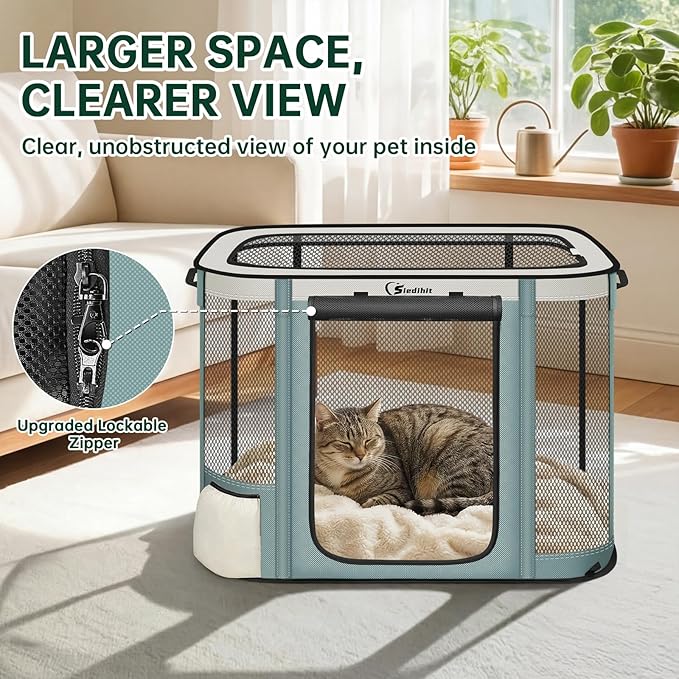 Siedihit Dog Cat Playpen Crate with Washable Pee Pad, Reinforced Durable Dog Cage, Portable Foldable Pet Kennel with Breathable Visibility (Grey, Small)
