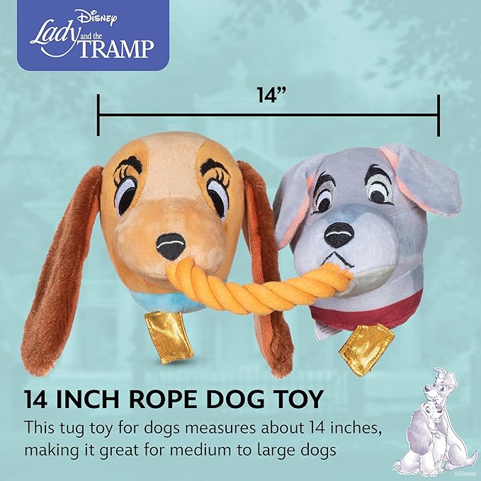 Disney for Pets Lady and the Tramp Rope Pet Toy 14in Dog Toys | Rope Tug Toy for Dogs Inspired by Lady and the Tramp with Crinkle and Squeaker