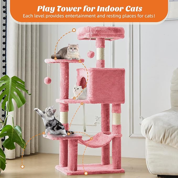 Cat Tree Tower 44 Inch, Small Cat Tower with Condo, Hammock, Sisal Scratching Posts, Extended Perch, Pet Play House for Indoor Kittens and Cats, Pink