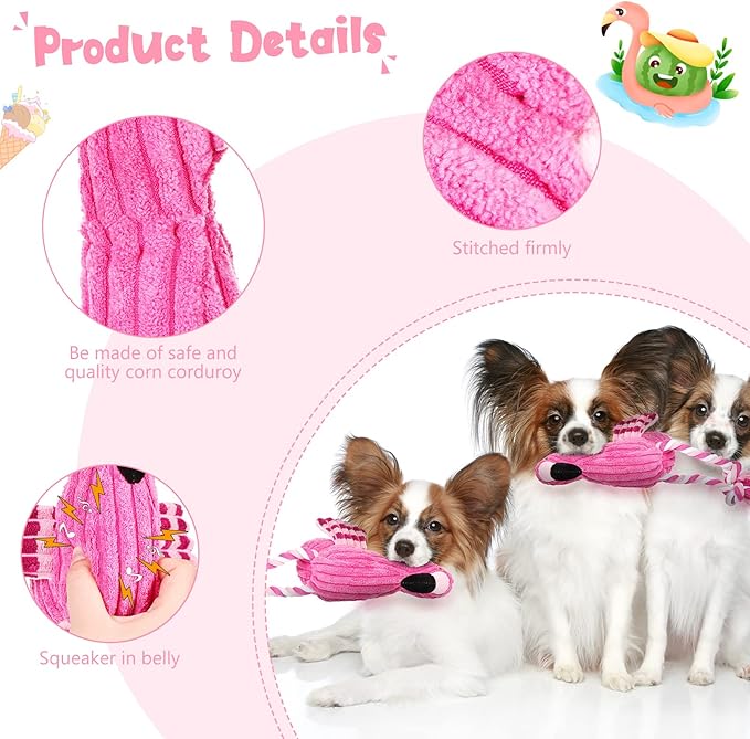 Sotiff 2 Pack Pink Flamingo Dog Plush Cute Squeaky Puppy Teething Plush Animal Interactive Stuffed Rope Pet Fake Birds for Small Medium Large Dogs Birthday Gifts