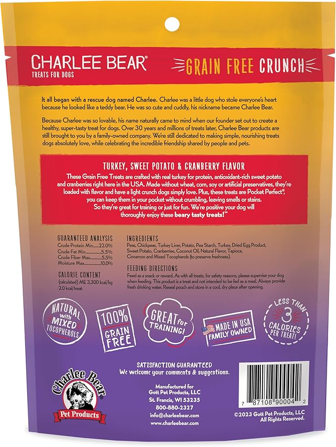 Charlee Bear Crunch Grain Free Dog Treats, Turkey, Sweet Potato and Cranberry, 8 Ounce Resealable Bag, Low Calorie Training Treats for Dogs, Limited Ingredient, Crunchy Dog Snacks, Made in USA