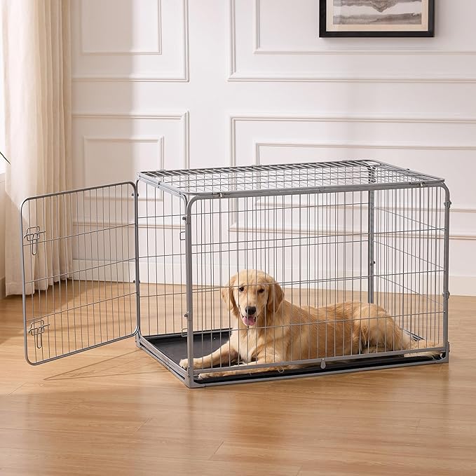 ZOMISIA Collapsible Dog Crate for Large Dogs - 42 inch Escape Proof Metal Dog Kennel with Double Door, Easy Assembly Foldable Dog Cage with Removable Tray, Indoor Outdoor Use, Silver Gray