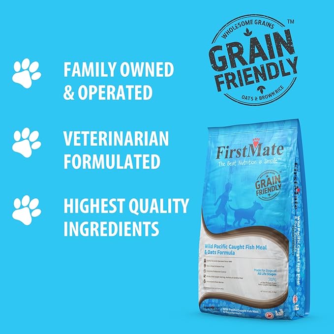 FirstMate Grain Friendly Dog Food Wild Pacific Fish & Oats Formula – Wild Caught Herring Anchovy & Sardine, Single Protein, Pea Free & Potato Free Dry Dog Food with Wholesome Grains – 25 lb Bag