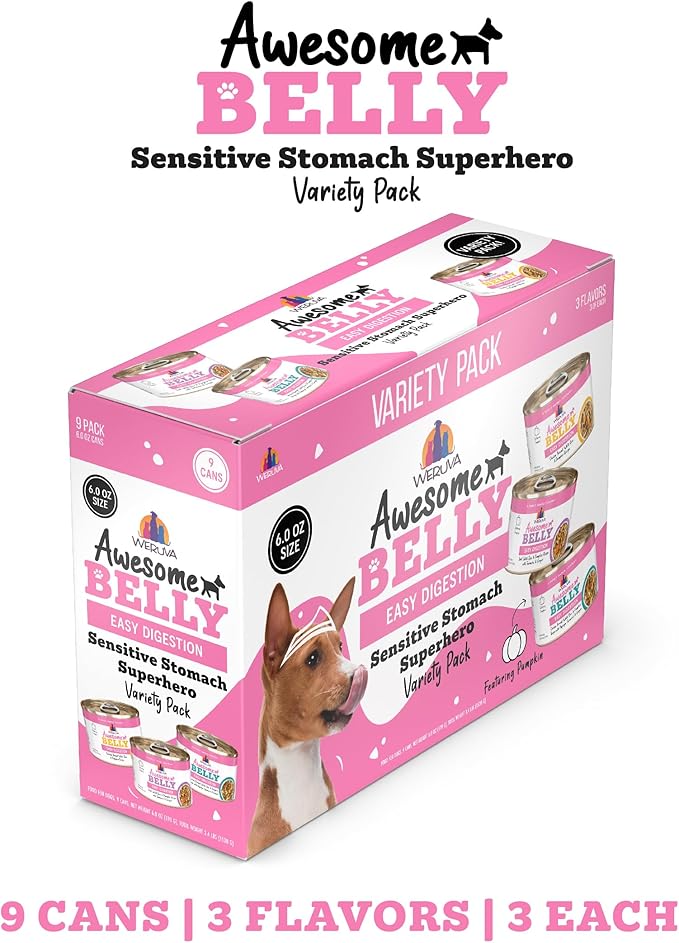 Weruva Awesome Belly Wet Dog Food, Sensitive Stomach Superhero Variety Pack, 6oz Can (Pack of 9)