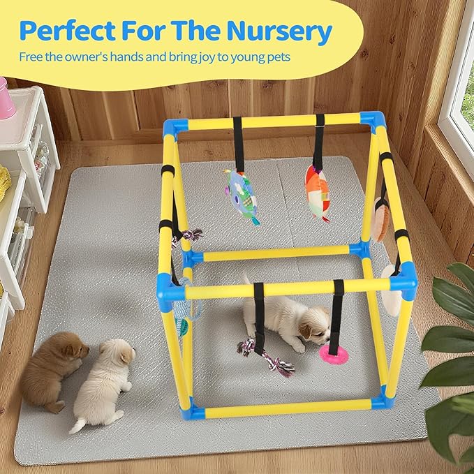 Liitrton Puppy Play Gym - Small Dogs Play Gym with 8 Hanging Toys, Indoor Puppy Jungle Gym with Interactive Dog Enrichment Toys, 19.5"x19.5"x19.5" PVC Frame