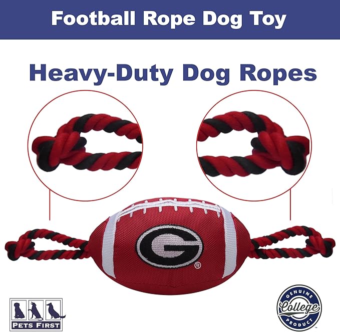 NCAA Georgia Bulldogs Football Dog Toy, Tough Quality Nylon Materials, Strong Pull Ropes, Inner Squeaker, Collegiate Team Color