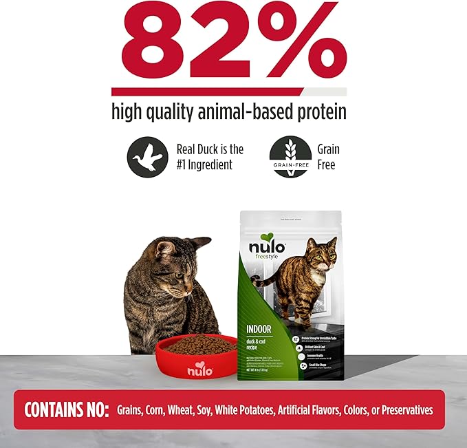 Nulo FreeStyle Dry Cat Food Indoor - Duck & Cod, High Protein Grain-Free Dry Cat Food, Natural Kibble with Probiotics and Omegas Fatty Acids, 4lb Bag