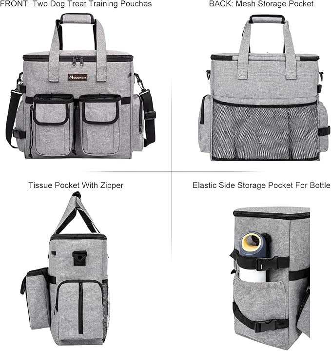 Dog Travel Bag, Airline Approved Pet Travel Bag with 2 Dog Treat Training Pouches for Weekend Pet Travel Supplies & Accessories, Light Grey
