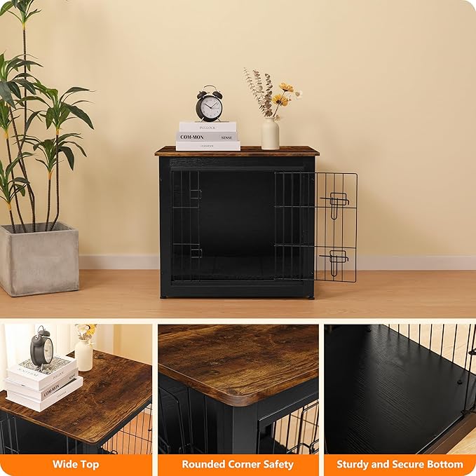 DWANTON Dog Crate Furniture with Cushion, Wooden Kennel Table with Double Doors, Indoor Dog House, Small/Medium/Large Size, 27.2" L, Black+Rustic Brown
