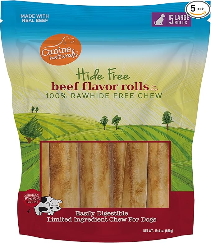 Canine Naturals Beef Chew - Rawhide Free Dog Treats - Made with Real Beef - Poultry Free Recipe - All-Natural and Easily Digestible - 5 Pack of 7 Inch Large Rolls for Dogs 50-75lb