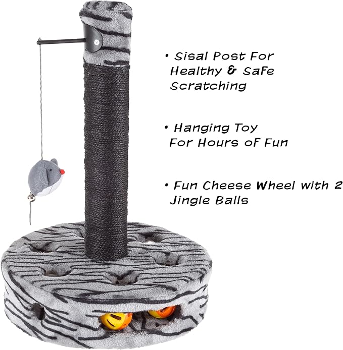 Cat Scratching Post - Interactive Play Area with Sisal Rope Scratcher and Hanging Toy for Indoor Cats - Scratch Tree for Pets by PETMAKER (Black/Gray)