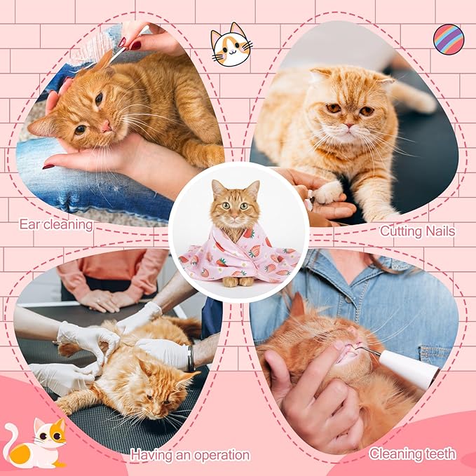 Chunful Cat Muzzle for Grooming, Cat Helmet and Wrap for Cutting Nails, M Size Adjustable Mask, 27.6" Anti-Escape Calming Swaddle Cloth, Bathing Shaving Anti-Scratch Pet Tools(Strawberry)