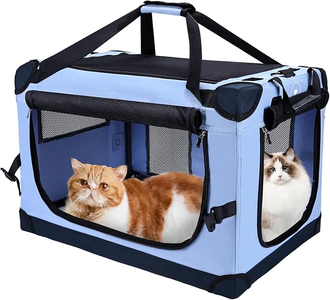PEGIC Large Cat Carrier for Car Travel, Soft Sided Collapsible Pet Carrier for Outdoor and Indoor Uses, Roomy Extra Large Carrier for 2 Kittens, Large Cat or Puppies up to 50lbs (Blue)