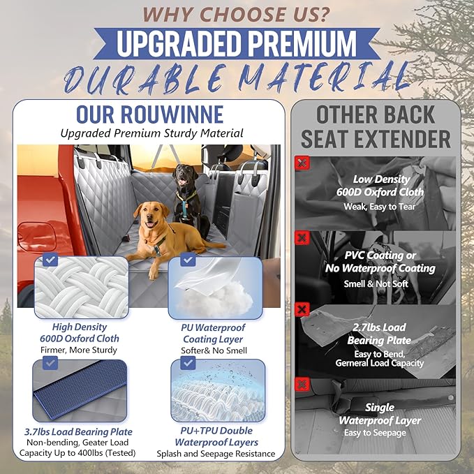 Back Seat Extender for Dogs Truck-Large Space, Hard Bottom Dog Pet Seat Cover Back Seat, Waterproof Dog Hammock for Crew Cab Trucks F150, RAM1500, Sierra, Tundra, Silverado, Grey