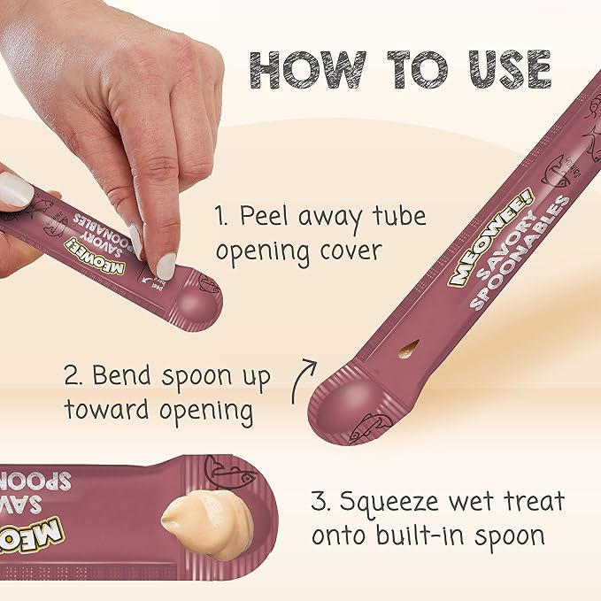 MEOWEE! Savory Spoonables with Real Salmon, Tuna and Krill for Cats, 4 Count, Treat Your Cat to Triple Flavor Squeezable Lickable Wet Treats with Built-in Spoon for Less Mess