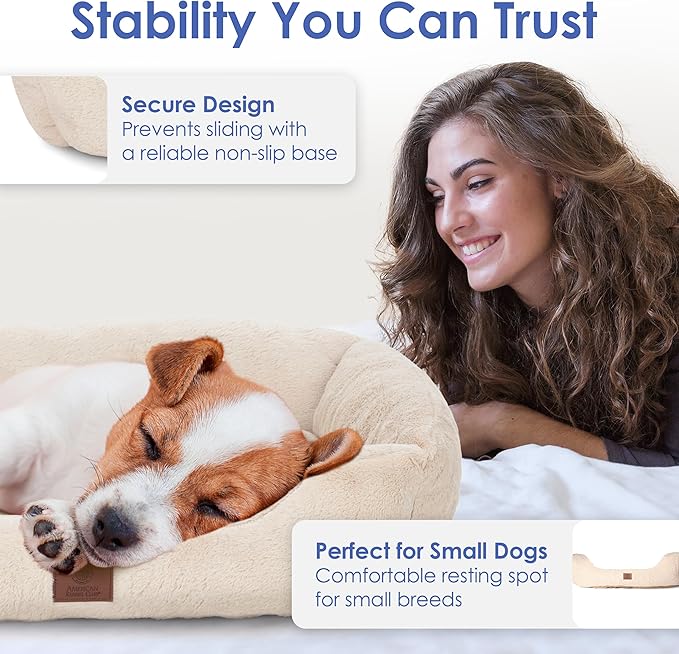 American Kennel Club Cuddler Pet Bed with Low-Profile Entrance – 25" Plush Dog Bed for Small Breeds, Ultra-Soft Washable Bed with Non-Slip Bottom, Durable High-Loft Filling, Beige