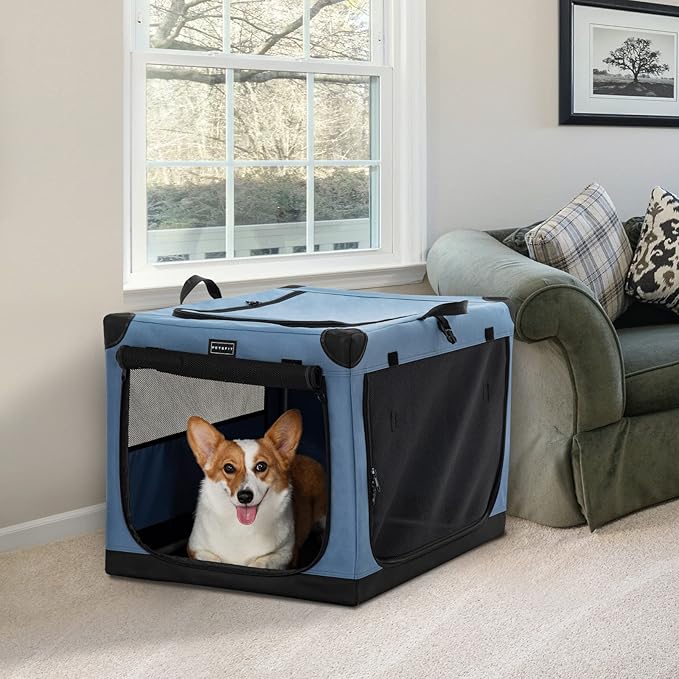 PETSFIT 30" Soft Portable Dog Crate – Patented Spiral Sturdy Frame, Collapsible Travel Kennel for Medium Dogs, 3 Mesh Door, Lockable Zippers, Indoor & Car Use Blue