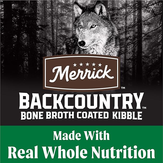 Merrick Grain Free Dry Dog Food Backcountry Bone Broth Coated Kibble Heartlands Recipe with Beef and Bison - 4 lb. Bag