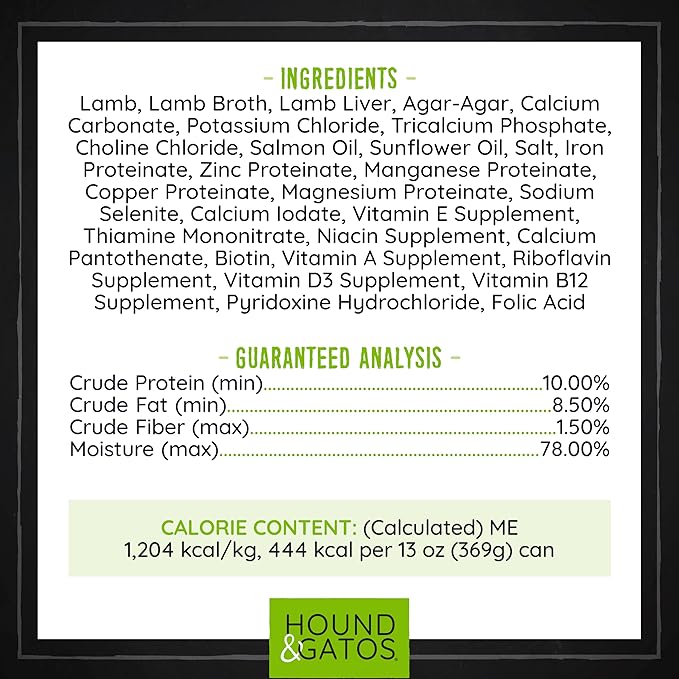 Hound & Gatos Wet Dog Food, 98% Real Meat, Single Protein Lamb Recipe, Supports Digestive Health, High Protein, Limited Ingredients, Grain Free, 13 oz. Cans (Pack of 12)