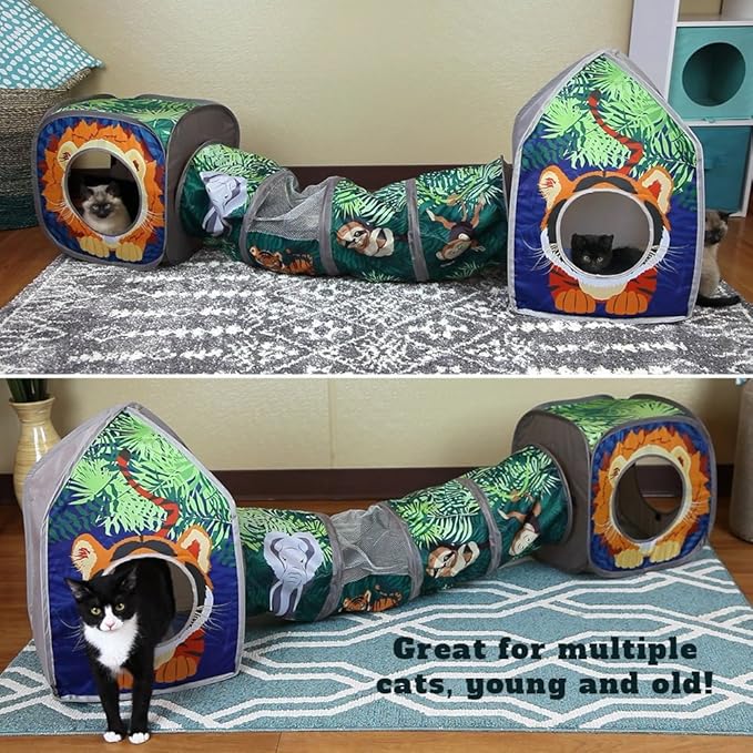 Kitty City Safari Jungle Cat Play Set, Collapsible Pop-Up Cat Toys Combo with Cube, Tunnel & Hideout, Interactive Indoor Cat Playhouse for Exercise, Hiding & Lounging