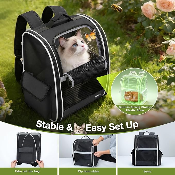 Lekereise Cat Backpack Carriers, Dog Carrier Backpacks with Breathable Mesh for Small Medium Large Cats Dogs Puppy Up to 25 Lbs, Pet Foldable Carrying Backpack Ventilated for Travel Hiking Collapsible