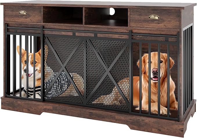 Double Dog Crate Furniture, 63 Inch Heavy-Duty Dog Kennel with Center Divider, Sliding Doors, Drawers and Open Shelves, Indoor Dog House for Living Room, Retro Brown