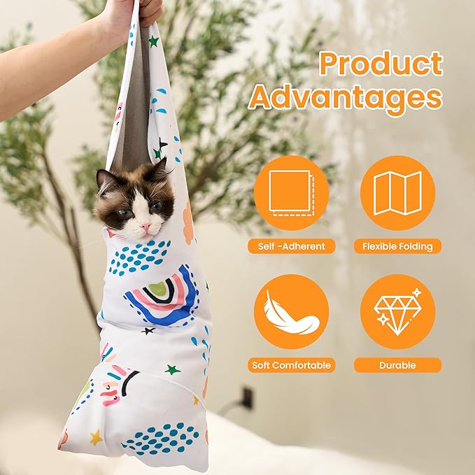 21.7'' Cat Grooming Wrap for Cutting Nails Self-Adhesive Soft Polyester Fabric Swaddle Wrap for Cats Anti-Scratch Anti-Escape Restraint for Nail Clipping Pet Cleaning and Beauty (Rainbow,L)