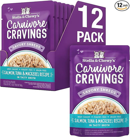 Stella & Chewy's Carnivore Cravings Wet Cat Food - Premium Pouches - Grain Free, High Protein Salmon, Tuna & Mackerel - Perfect for Picky Eaters - Complete Meal or Topper (2.8 oz, 12 Pack)