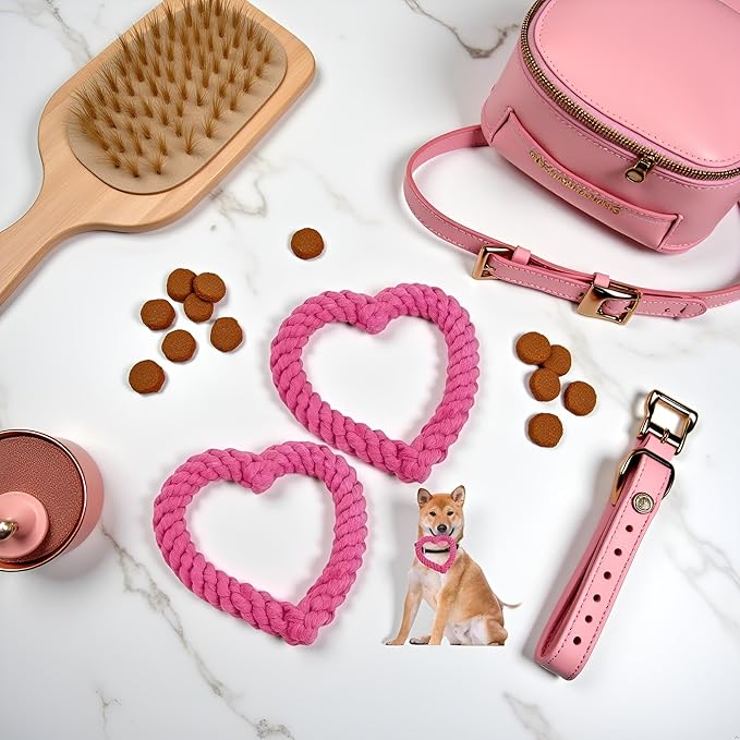 2Pcs Pink Cute Dog/Cat Chew Toys, Dog Toys for Chewers, Heavy Duty Dental Dog Rope Toy for Dogs, Creative Love Heart Shaped Interactive, Girl Puppy