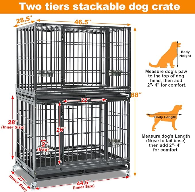 Homey Pet 48 Inch Heavy Duty Indestructible Dog Crate, Stackable Escape Proof Dog Cage Kennel Indoor with Two Trays, Metal Grids, Wheels, Bowls, Double Doors for High Anxiety Large Dogs(2 Tiers)