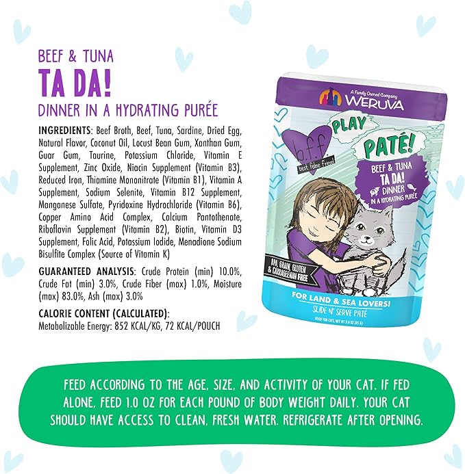 Weruva B.F.F. Play - Best Feline Friend Paté Lovers, Aw Yeah!, Beef & Tuna Ta Da! with Beef & Tuna, 3oz Pouch (Pack of 12)