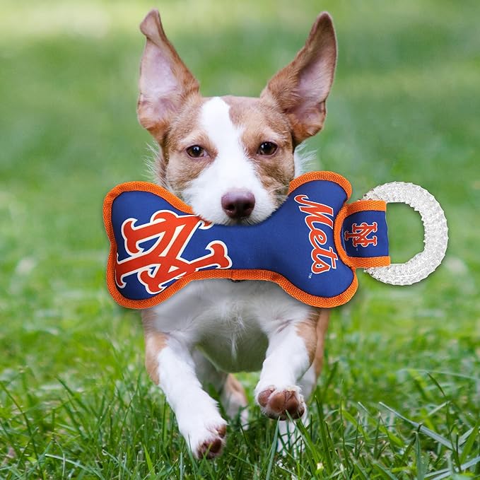 MLB New York Mets Bone Shaped DENTAL DOG TUG TOY with SQUEAKER. TOUGH PET TOY for Healthy Fun, Teething, and Cleaning pet's teeth and gum.