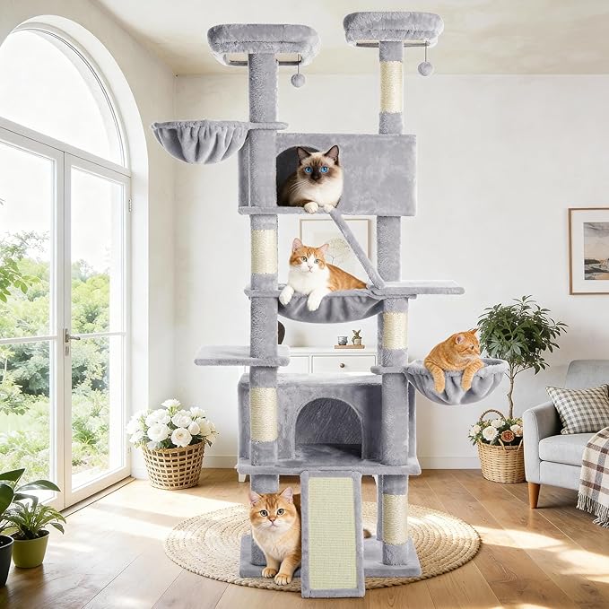ABCPET Cat Tree 82 in Multi-Level Cat Tower for Indoor Cats, Heavy Duty Large Cat Tree with Sisal Scratching Posts, Hammock, 2 Perches, 2 Condos, 2 Hanging Baskets, Light Grey