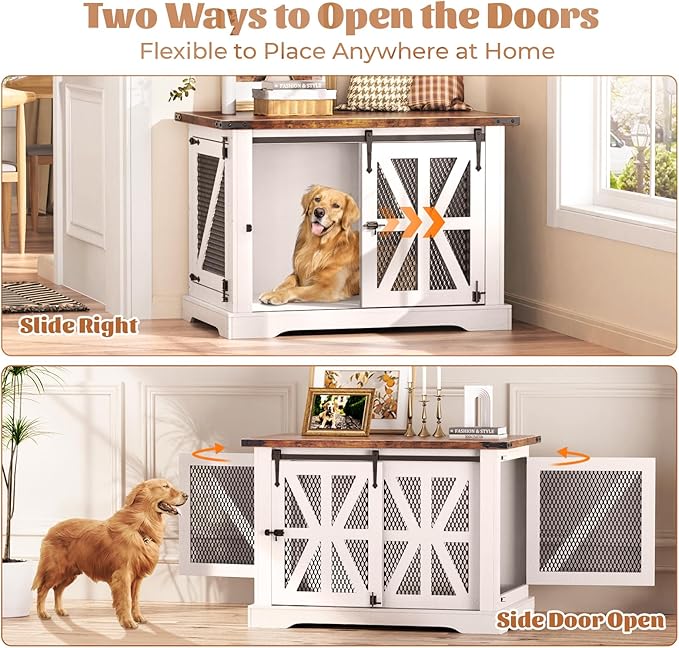 VOPEAK 40" Farmhouse Dog Crate Furniture, Heavy Duty Dog Crate for Medium Large Dogs, Wood Dog Cage Dog Kennel Indoor with Double Doors, Chew Resistant End Table for Bedroom Living Room, White