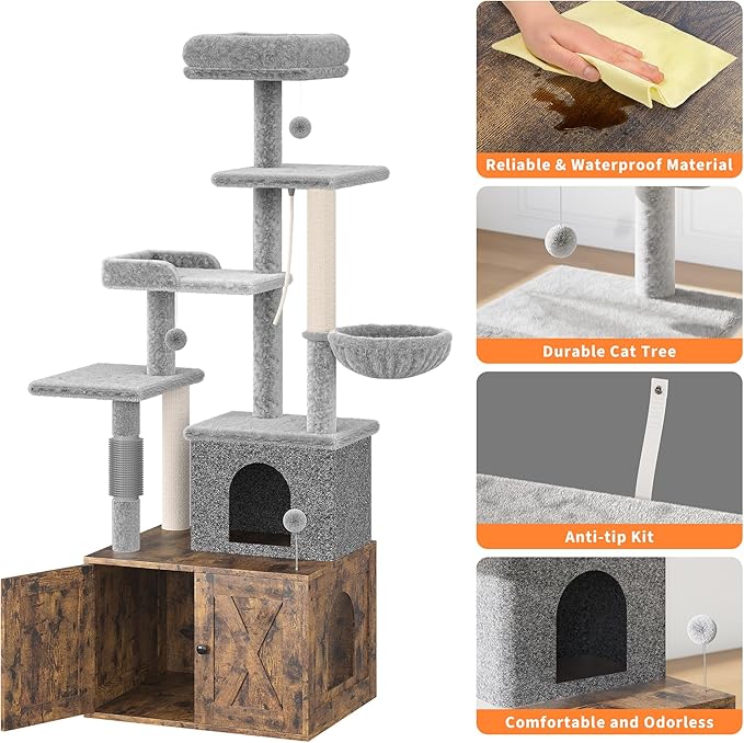 Litter Box Enclosure with Cat Tree, 2 in-1 Modern Cat Tower, Hidden Washroom Furniture, Wood Cat Condo with Scratching Post and Hammock, Indoor Pet Furniture with Multiple Platform, Rustic Brown