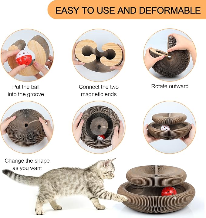 Magic Organ Cat Scratching Board, Interactive Scratch Pad with a Ball, Cat Scratcher for Grinding Claw, Recyclable and Durable, Furniture Protector, Retractable, Brown, Reversible