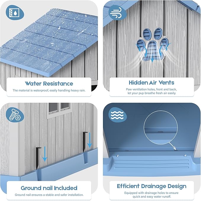 Bifanuo Dog House for Outdoor & Indoor Use with Window, Waterproof Ventilated Kennel with Elevated Floor, Easy to Clean Shelter for Small Medium Dogs (Blue, 29.9" L x 32.3" W x 32.5" H)