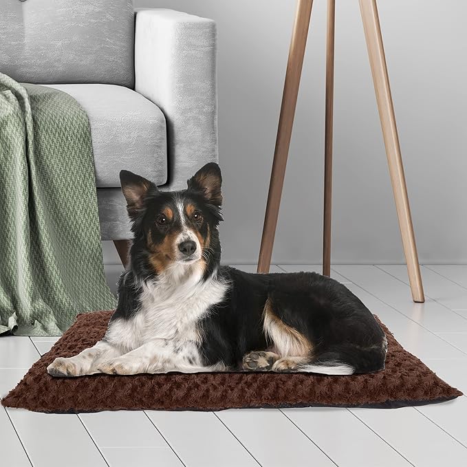 Pet Bed – 36x24 Dog Pillow and Crate Pad with Faux Fur Sleep Surface and Non-Slip Bottom – Machine Washable Dog Bed by PETMAKER (Brown)